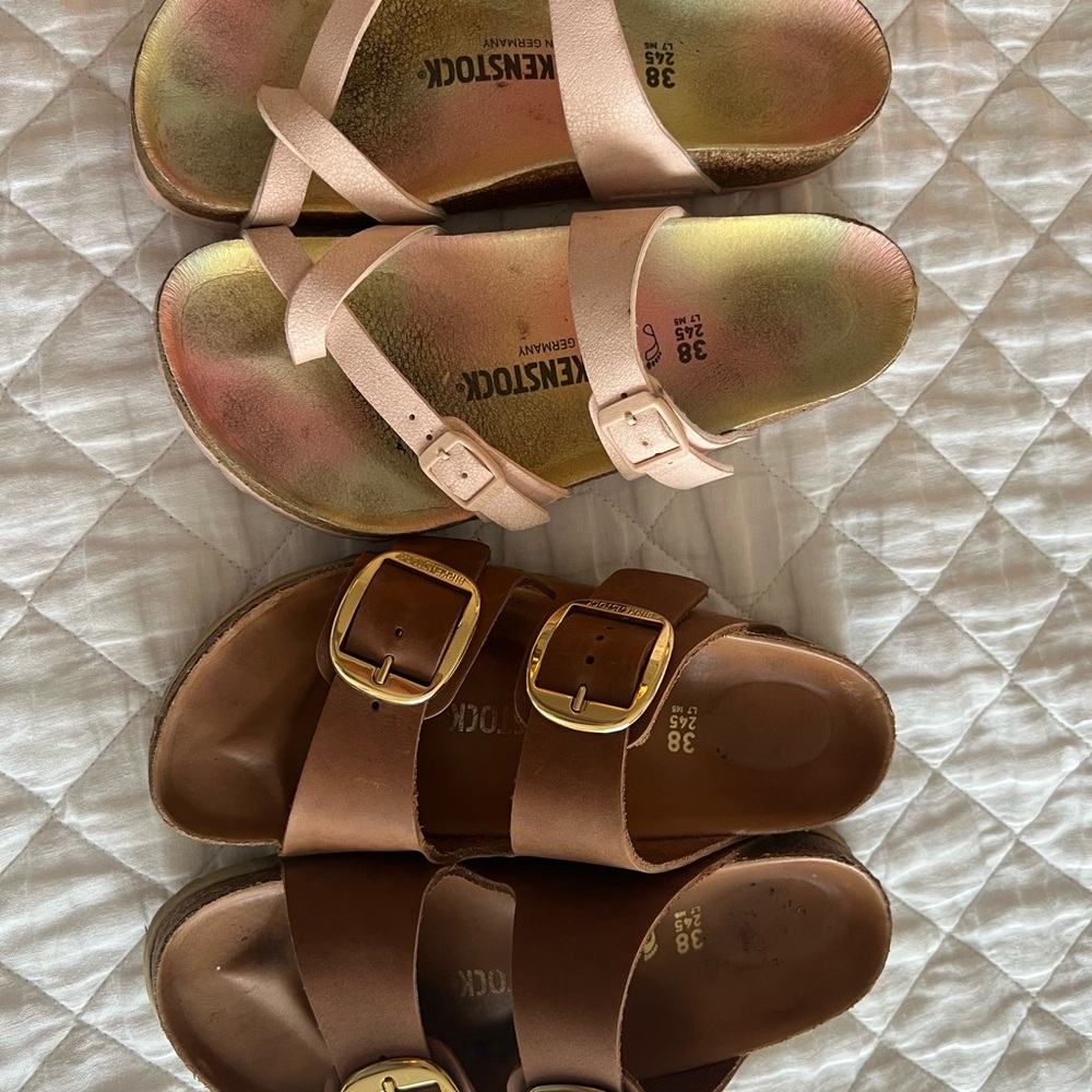 Birkenstock brown gold big buckle and pink pair 38